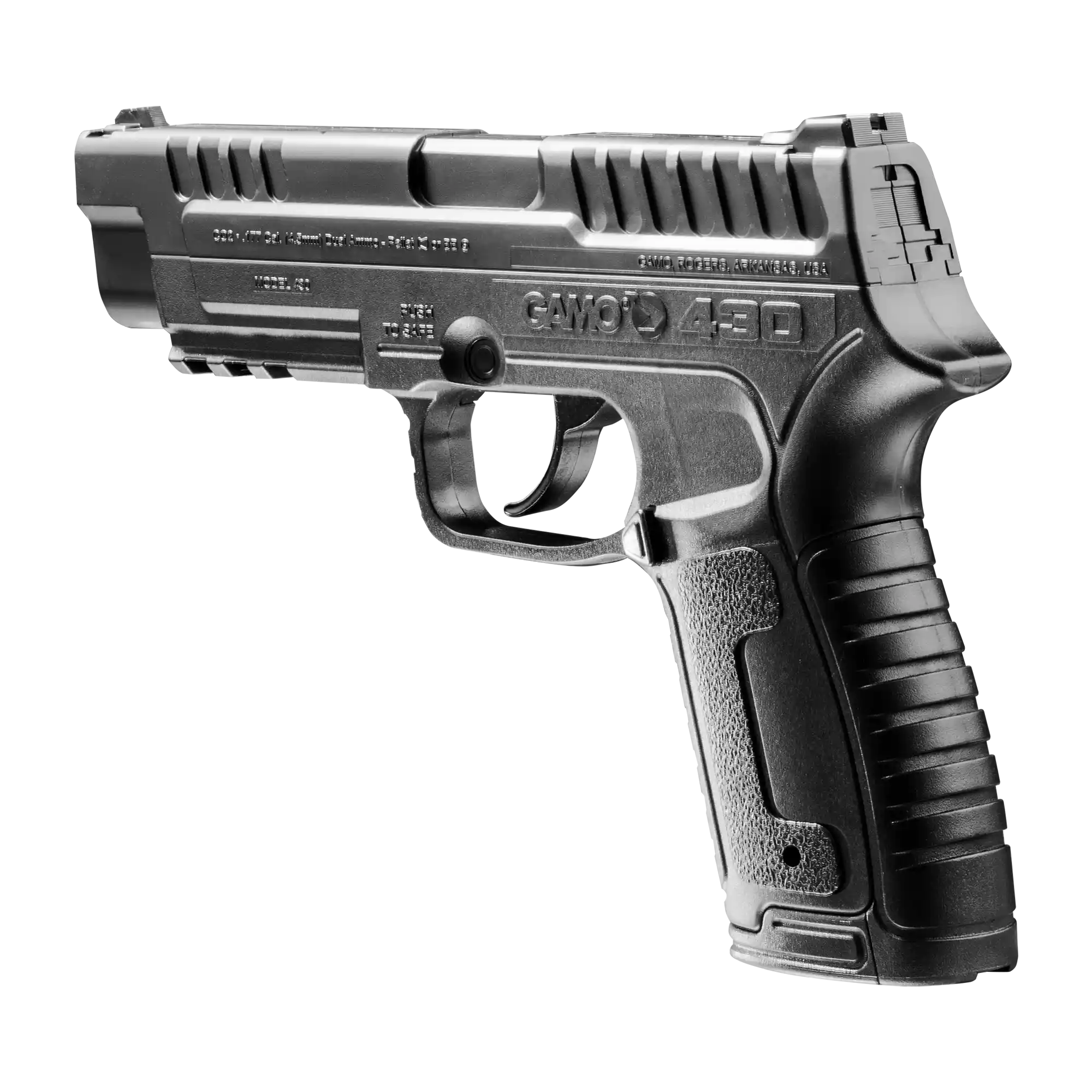 Far Left Angled View of GAMO P-430 CO2 Dual-Ammo Air Pistol (611137836)